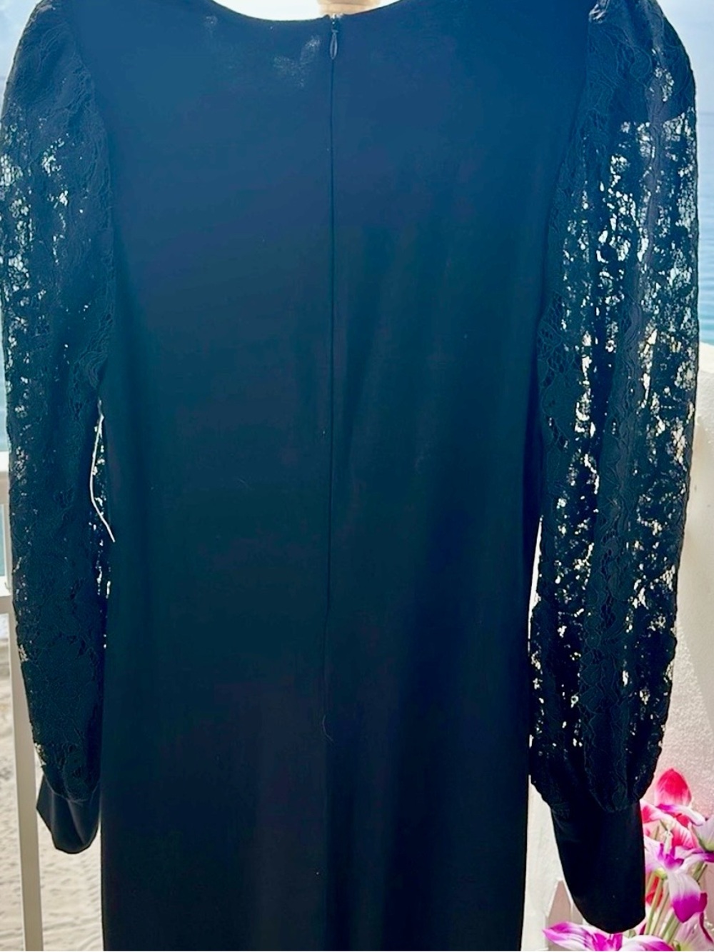 Karen Kane Black Sheath Dress with elegant lace long sleeves - Picture 5 of 7